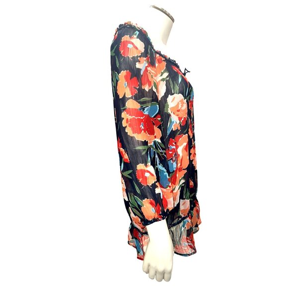 Abercrombie Fitch Large Floral Peasant Sheer Boho Blouse Ruffle Hem Tie Neck - Picture 6 of 11